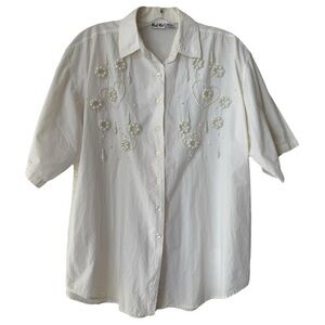 Vintage Pearl Embellished Shirt Size L White Cotton Button Up Down 80s 90s